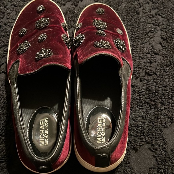 Michael Kors Velvet Embellished Slide On Sneakers Plum Maroon 7 - Picture 6 of 7